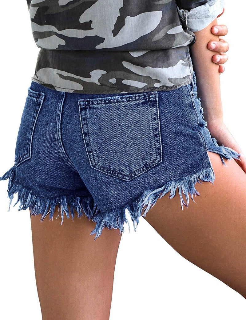 luvamia Women Casual High Waisted Denim Shorts Frayed Raw Hem Ripped Jeans Shorts B Twilight Blue Size Large Fits US 12-14 - Image 2